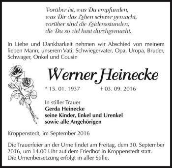 Traueranzeige von Werner Heinecke  von Magdeburger Volksstimme