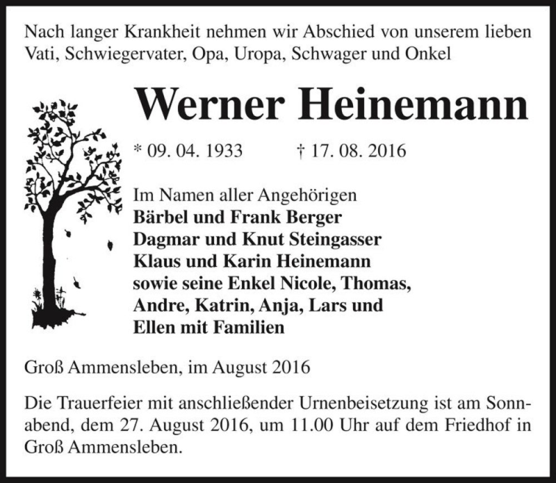  Traueranzeige für Werner Heinemann  vom 20.08.2016 aus Magdeburger Volksstimme