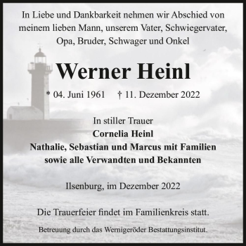 Traueranzeige von Werner Heinl  von Magdeburger Volksstimme