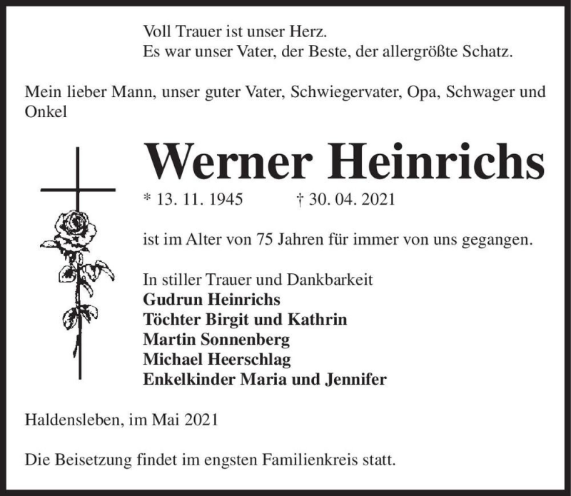  Traueranzeige für Werner Heinrichs  vom 08.05.2021 aus Magdeburger Volksstimme