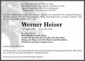 Traueranzeige von Werner Heiser  von Magdeburger Volksstimme