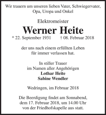 Traueranzeige von Werner Heite  von Magdeburger Volksstimme