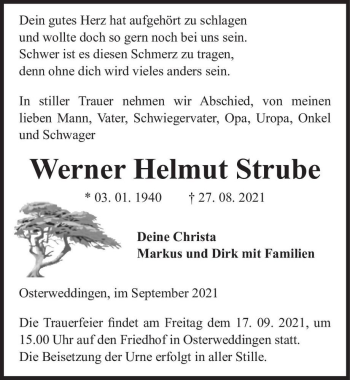 Traueranzeige von Werner Helmut Strube  von Magdeburger Volksstimme