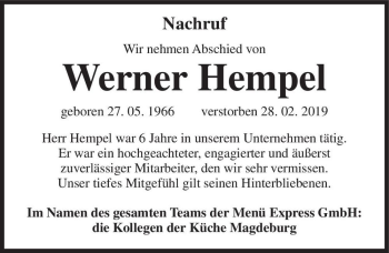 Traueranzeige von Werner Hempel  von Magdeburger Volksstimme