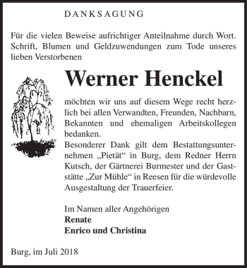 Traueranzeige von Werner Henckel  von Magdeburger Volksstimme