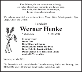 Traueranzeige von Werner Henke  von Magdeburger Volksstimme