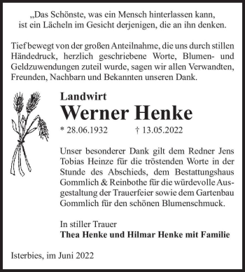 Traueranzeige von Werner Henke  von Magdeburger Volksstimme