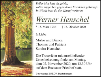 Traueranzeige von Werner Henschel  von Magdeburger Volksstimme