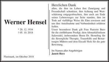 Traueranzeige von Werner Hensel  von Magdeburger Volksstimme
