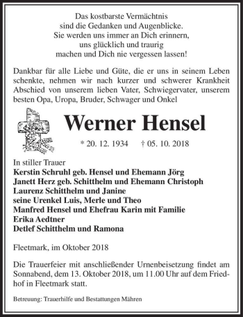 Traueranzeige von Werner Hensel  von Magdeburger Volksstimme
