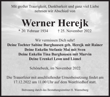 Traueranzeige von Werner Herejk  von Magdeburger Volksstimme