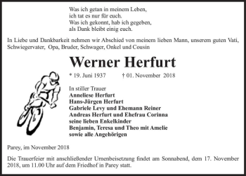 Traueranzeige von Werner Herfurt  von Magdeburger Volksstimme