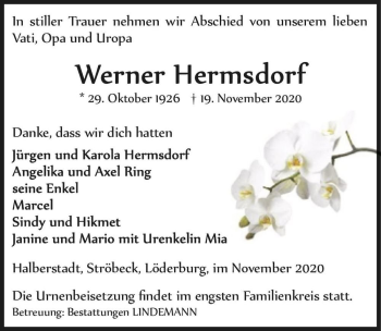 Traueranzeige von Werner Hermsdorf  von Magdeburger Volksstimme