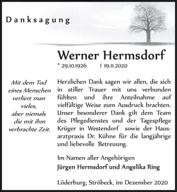 Traueranzeige von Werner Hermsdorf  von Magdeburger Volksstimme