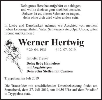 Traueranzeige von Werner Hertwig  von Magdeburger Volksstimme