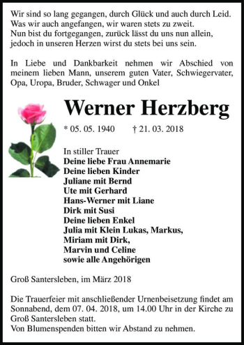 Traueranzeige von Werner Herzberg  von Magdeburger Volksstimme