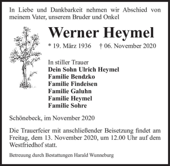 Traueranzeige von Werner Heymel  von Magdeburger Volksstimme