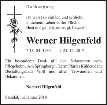 Traueranzeige von Werner Hilgenfeld  von Magdeburger Volksstimme
