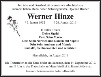 Traueranzeige von Werner Hinze  von Magdeburger Volksstimme