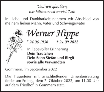 Traueranzeige von Werner Hippe  von Magdeburger Volksstimme