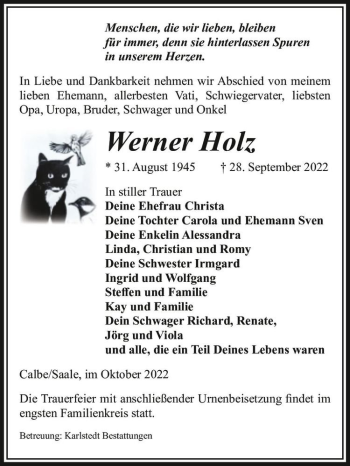 Traueranzeige von Werner Holz  von Magdeburger Volksstimme