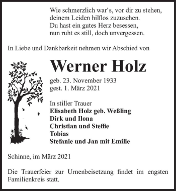 Traueranzeige von Werner Holz  von Magdeburger Volksstimme