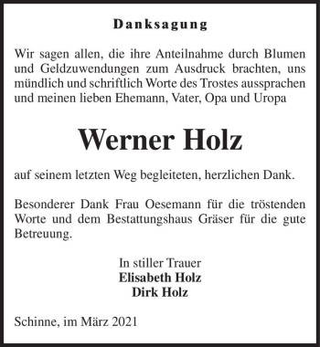 Traueranzeige von Werner Holz  von Magdeburger Volksstimme