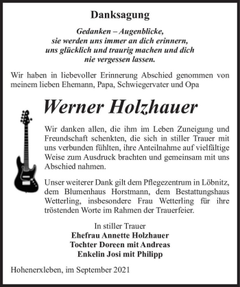 Traueranzeige von Werner Holzhauer  von Magdeburger Volksstimme