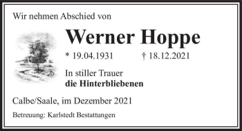 Traueranzeige von Werner Hoppe  von Magdeburger Volksstimme