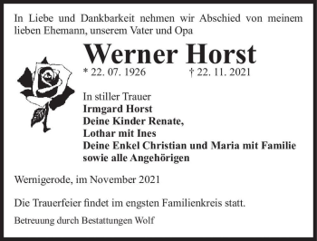 Traueranzeige von Werner Horst  von Magdeburger Volksstimme