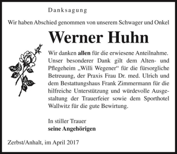 Traueranzeige von Werner Huhn  von Magdeburger Volksstimme