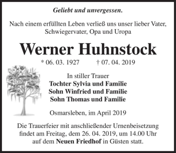 Traueranzeige von Werner Huhnstock  von Magdeburger Volksstimme