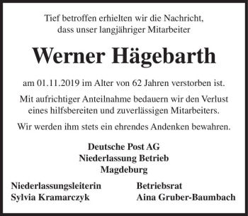 Traueranzeige von Werner Hägebarth  von Magdeburger Volksstimme