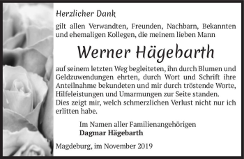 Traueranzeige von Werner Hägebarth  von Magdeburger Volksstimme