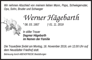 Traueranzeige von Werner Hägebarth  von Magdeburger Volksstimme