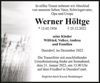 Traueranzeige von Werner Höltge  von Magdeburger Volksstimme