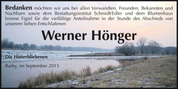 Traueranzeige von Werner Hönger  von Magdeburger Volksstimme