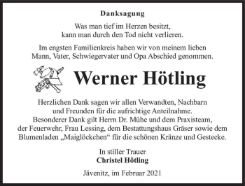 Traueranzeige von Werner Hötling  von Magdeburger Volksstimme
