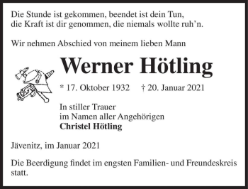Traueranzeige von Werner Hötling  von Magdeburger Volksstimme