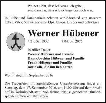 Traueranzeige von Werner Hübener  von Magdeburger Volksstimme