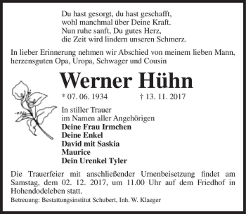 Traueranzeige von Werner Hühn  von Magdeburger Volksstimme
