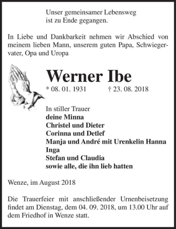 Traueranzeige von Werner Ibe  von Magdeburger Volksstimme