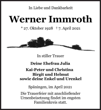 Traueranzeige von Werner Immroth  von Magdeburger Volksstimme