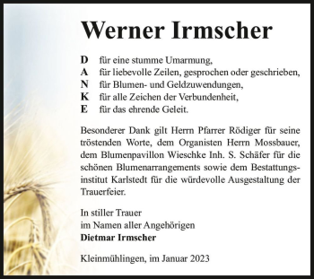 Traueranzeige von Werner Irmscher  von Magdeburger Volksstimme