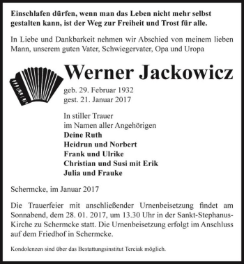Traueranzeige von Werner Jackowicz  von Magdeburger Volksstimme