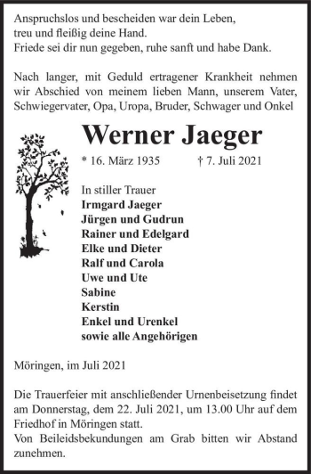 Traueranzeige von Werner Jaeger  von Magdeburger Volksstimme