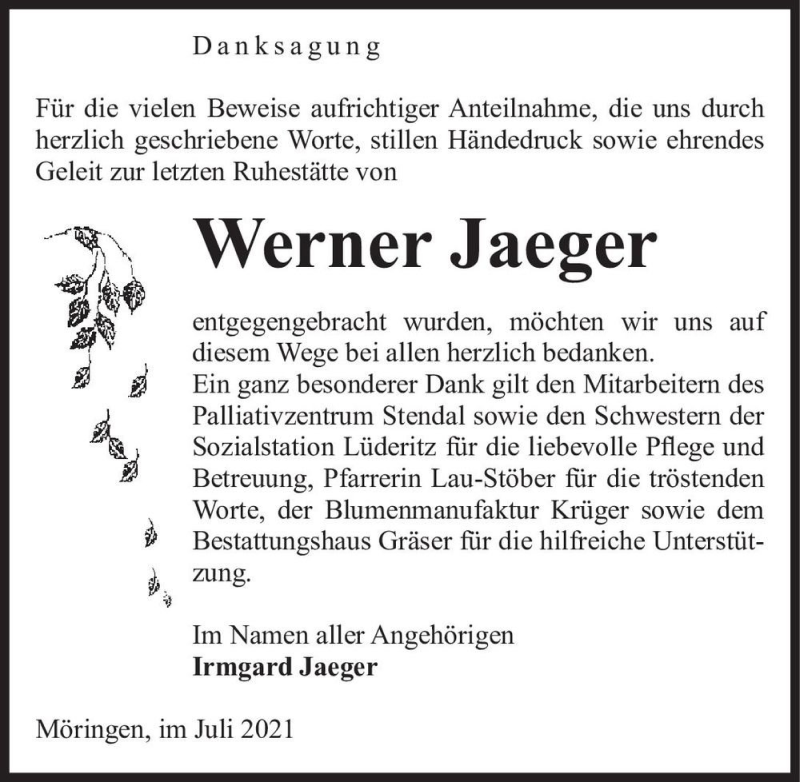  Traueranzeige für Werner Jaeger  vom 29.07.2021 aus Magdeburger Volksstimme