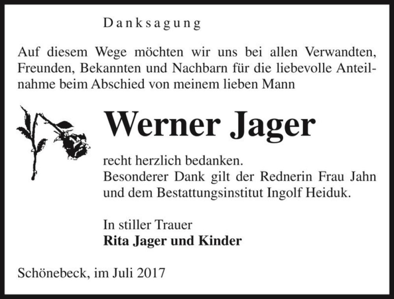  Traueranzeige für Werner Jager  vom 05.08.2017 aus Magdeburger Volksstimme