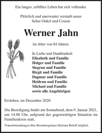 Traueranzeige von Werner Jahn  von Magdeburger Volksstimme