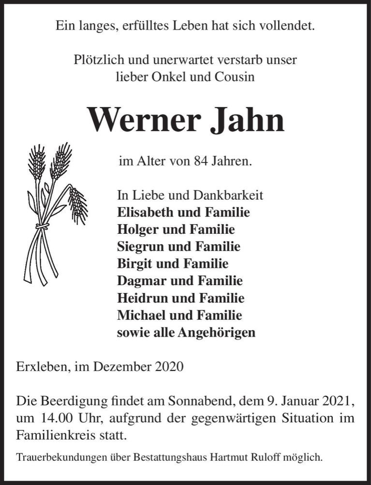  Traueranzeige für Werner Jahn  vom 05.01.2021 aus Magdeburger Volksstimme